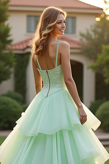 Green Princess Tiered Beaded A Line Long Prom Dress